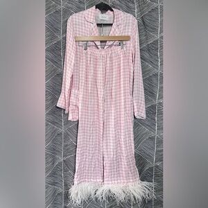 Sleeper Party Pajama Set with Feathers Pink Vichy Small